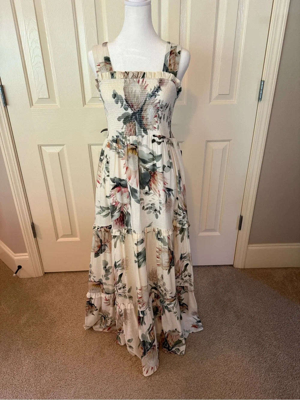 Express Floral Smocked Bodice Maxi Dress - White Floral NWT